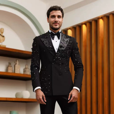 Sparkly Black men's plus-size collar suit 2 piece Double Row Sequins Suit
