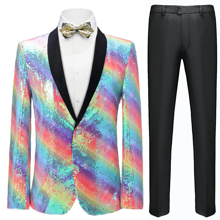 Men's Slim Fit Rainbow Printed Embroidered Tuxedo Jacket CN416