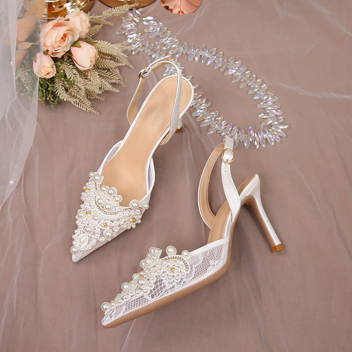 White Lace Wedding Bride Shoes Summer Tulle Bridesmaid Shoes