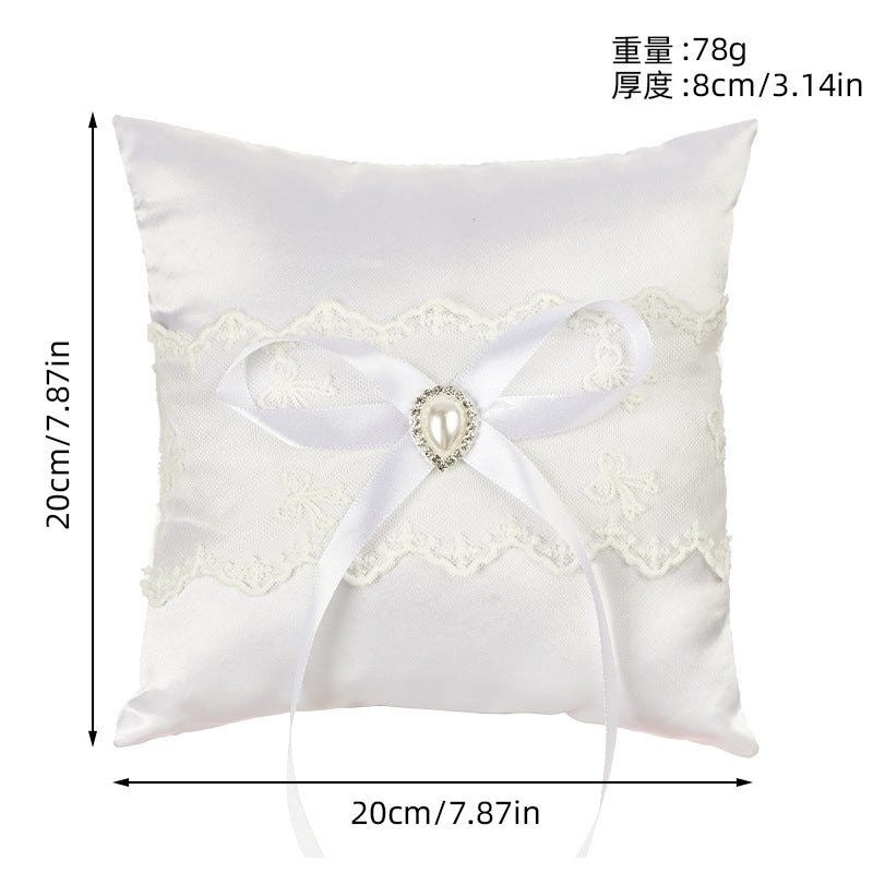 White Wedding Ring Pillow Set Bow Knot Lace Decoration, JZH-5978