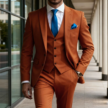 Burnt Orange Classic 3 Piece Men's Suit with Regular Fit and Sophisticated Peak Lapel
