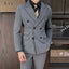 Grey Classic 3 Piece Men's Suit British Slim Men Double-breasted Plaid Suit