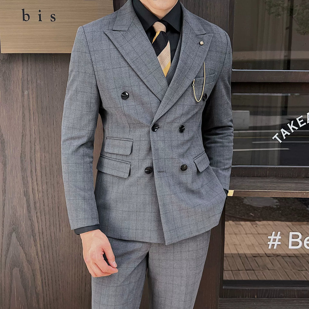 Grey Classic 2 Piece Men's Suit British Slim Men Double-breasted Plaid Suit