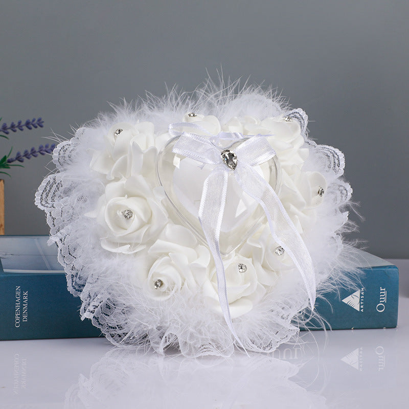Heart-Shaped Rose Accessories Lace Creative Ostrich Feather Wedding Ring Pillow , JZH-5718