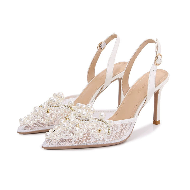 White Lace Wedding Bride Shoes Summer Tulle Bridesmaid Shoes