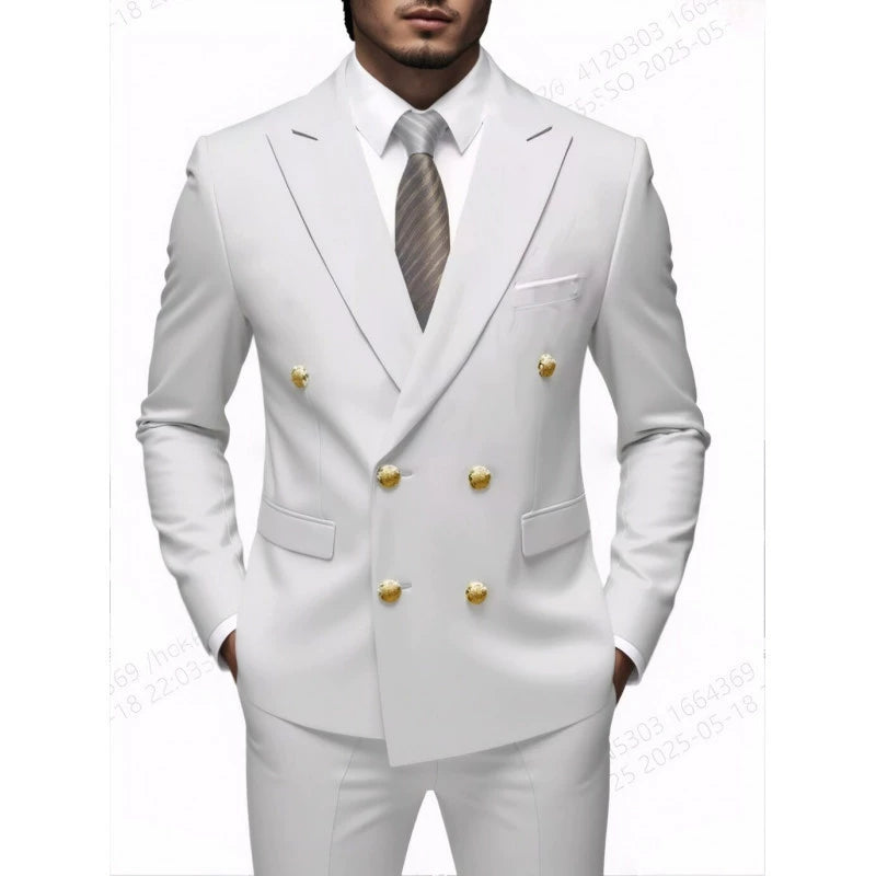 White Double-breasted Suit Men Coat Slim Business Casual 2 Piece Suit