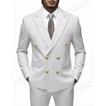 White Double-breasted Suit Men Coat Slim Business Casual 2 Piece Suit