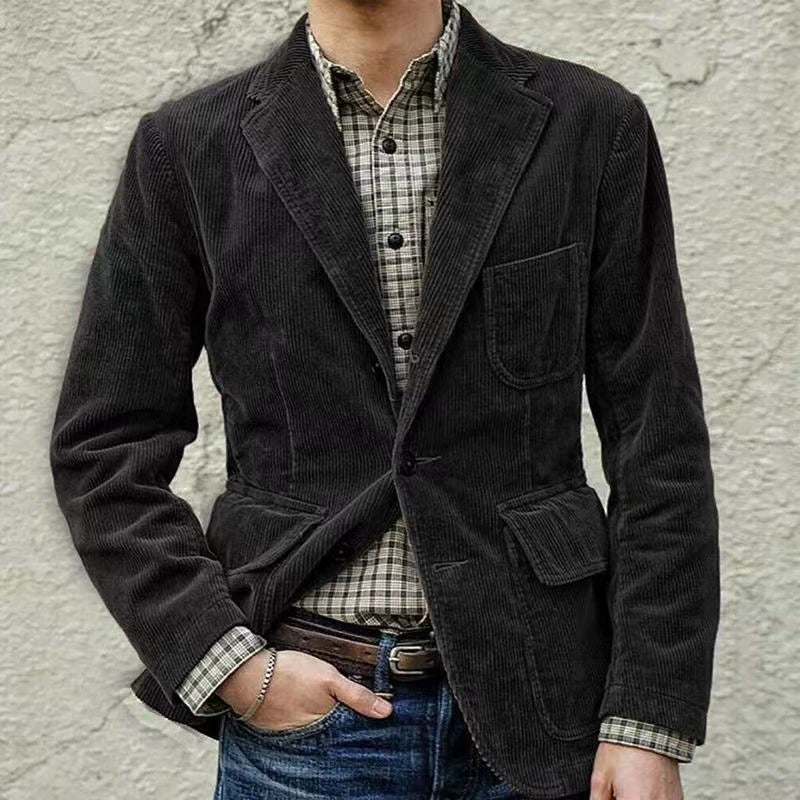 Leisure Men's Long Sleeve Lapel Pocket Business Corduroy Coat