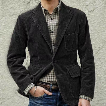 Leisure Men's Long Sleeve Lapel Pocket Business Corduroy Coat