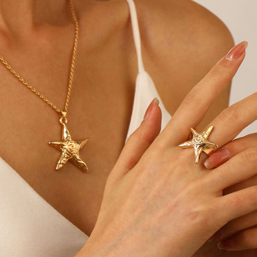 Sweet-Star Jewelry Set: Necklace + Earrings + Ring (Vintage Nautical Star Trio)