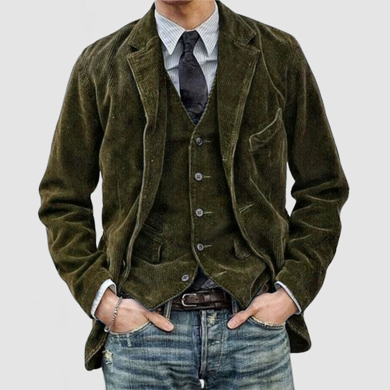 Leisure Corduroy Lapel Long Sleeve Suit Jacket Men 2 piece Suit