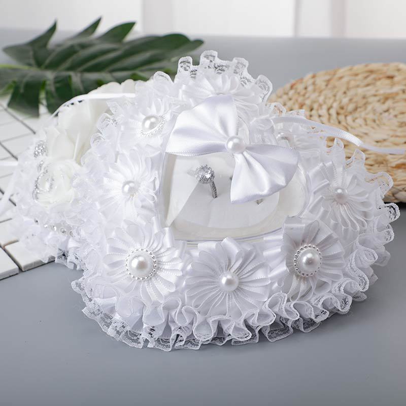 White Lace Heart Shape Wedding Ring Pillow Ring Boxes Bowknot Decoration, JZH-5949