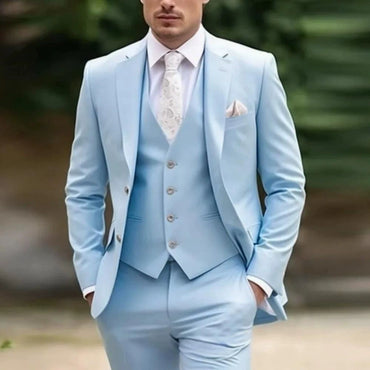 Sky Blue Classic 3 Piece Men's Suit with Regular Fit and Sophisticated Peak Lapel