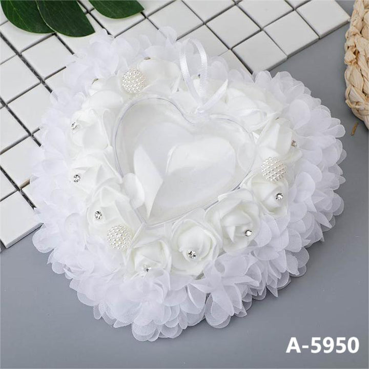 White Lace Heart Shape Wedding Ring Pillow Ring Boxes Bowknot Decoration, JZH-5949