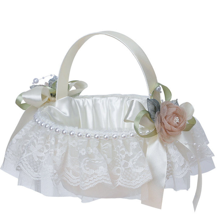 Pearl Bow Flower Decoration Lace Flower Basket Wedding Flower Portable Flower Basket, HL-5737