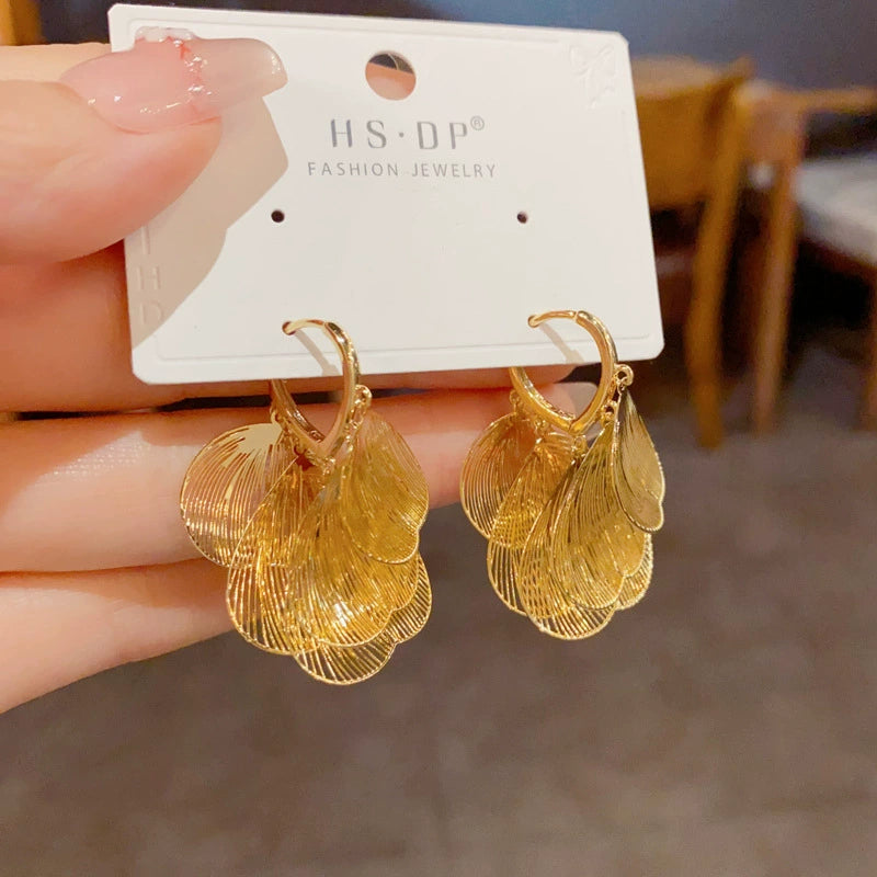 Retro Exaggerated Metal Golden Hollow Ginkgo Leaf Earrings