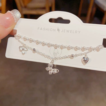 Sweet Silver Metal Butterfly Double-layer Bracelet