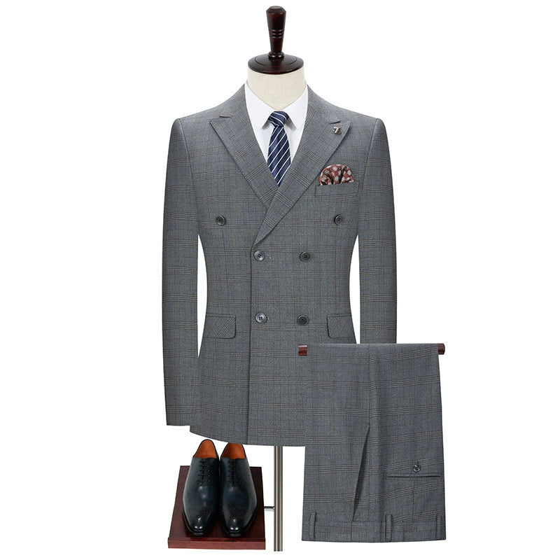 New Men's Grey Plaid Double-breasted 2 Piece Suit  for Business Wedding