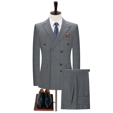 New Men's Grey Plaid Double-breasted 2 Piece Suit  for Business Wedding