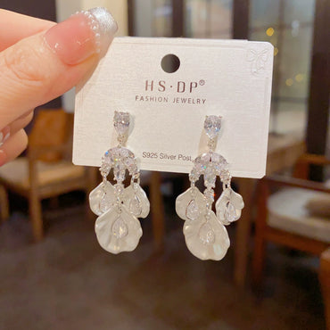 S925 Silver Zircon Petal Tassel Earrings