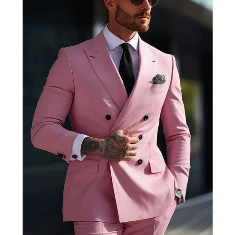 Pink Casual Men's 2 Pieces Mens Suit Regular Fit Notch Lapel Tuxedos (Blazer+Pants)