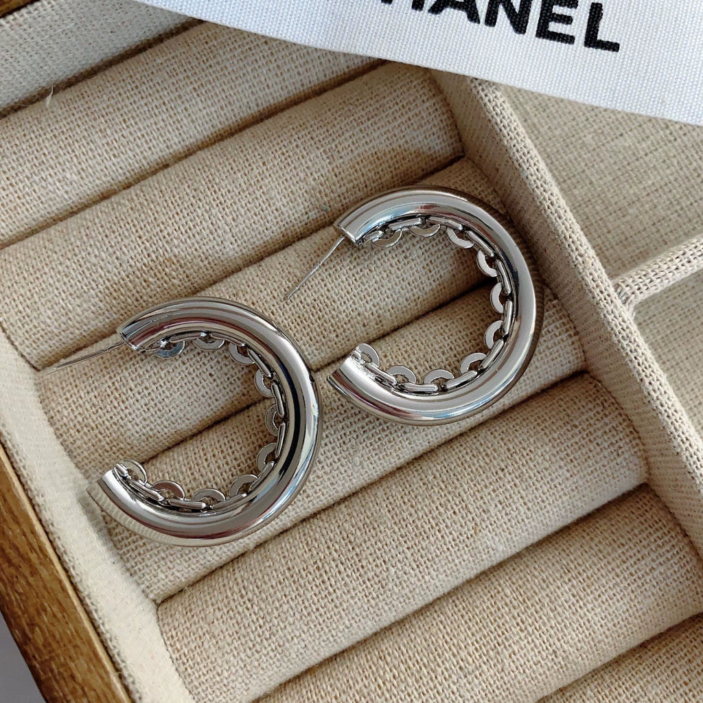 Classic Leather Metal Large Circle Earrings
