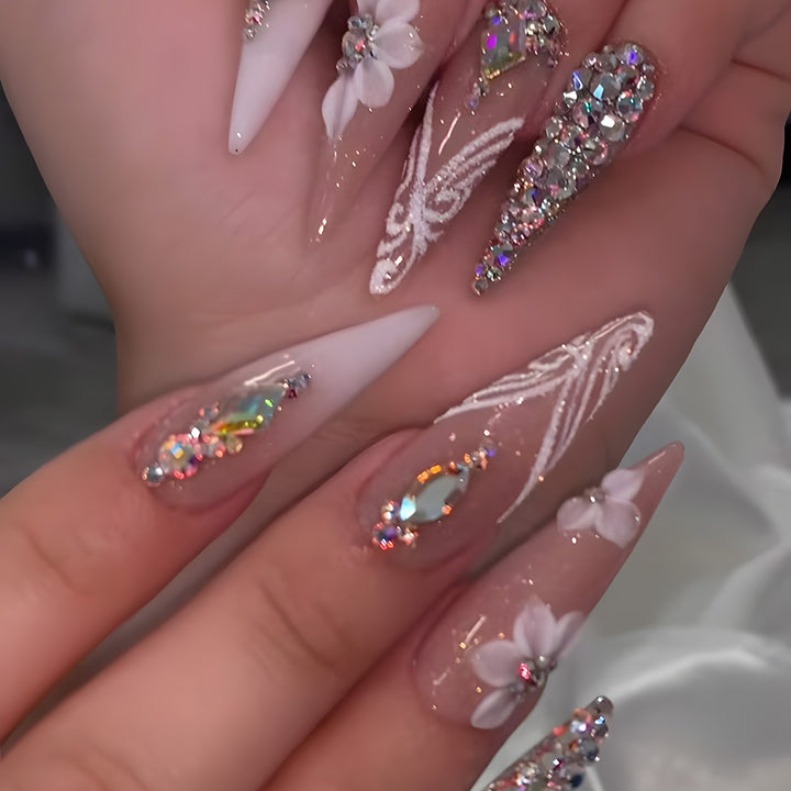 Rhinestone Nails Bling Wedding Press On Nails With Design For Women And Girls
