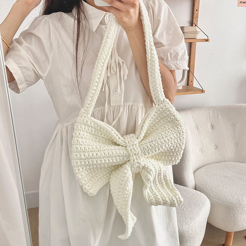 bow shoulder bag hand-woven bag wool material bag crochet homemade underarm bag