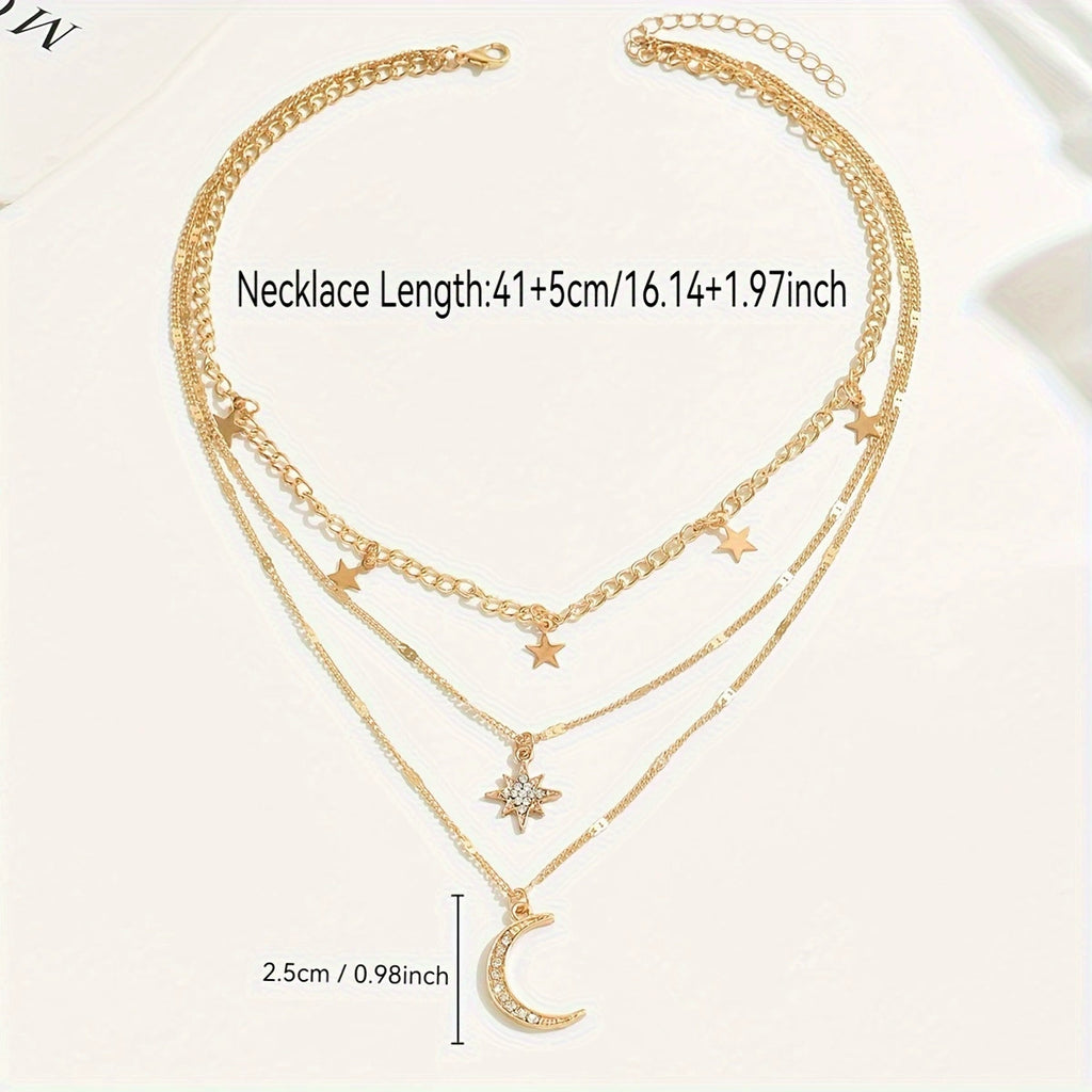 Star Moon Pendant Necklace with Diamonds Multi Layer Stacked Necklace