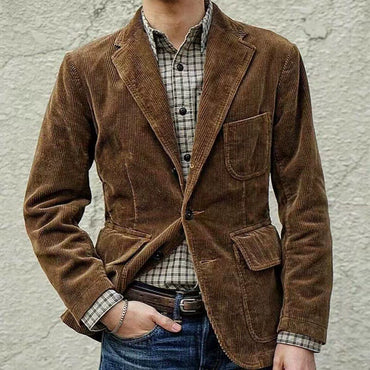 Leisure Men's Long Sleeve Lapel Pocket Business Corduroy Coat