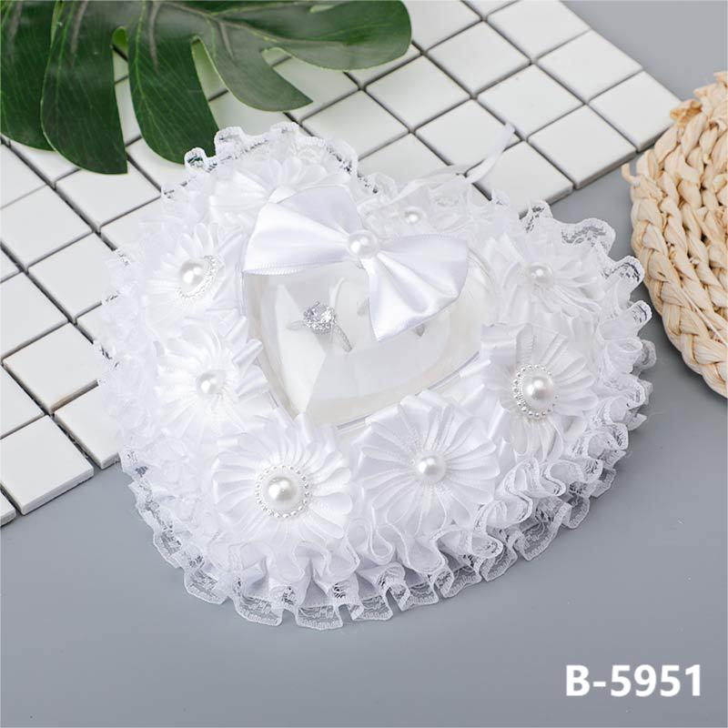White Lace Heart Shape Wedding Ring Pillow Ring Boxes Bowknot Decoration, JZH-5949