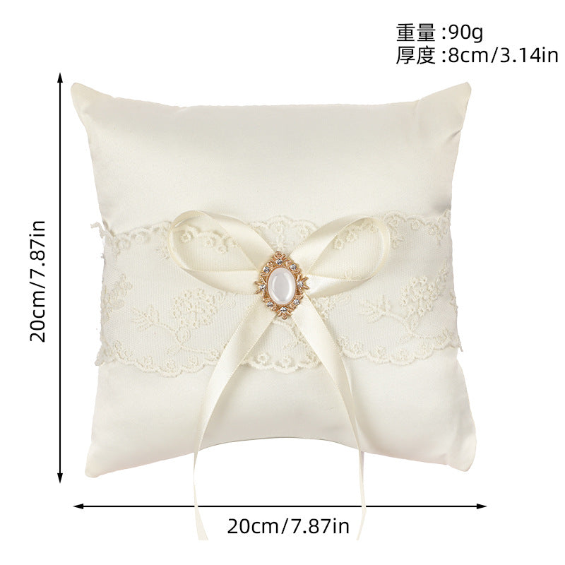 Off White Wedding Ring Pillow Set Bow Knot Lace Decoration, JZH-5977