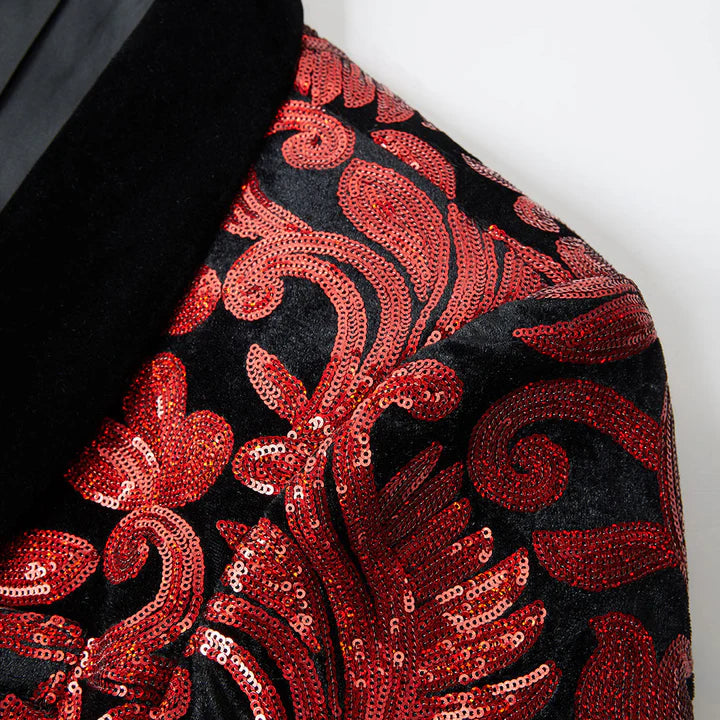 Men's Fashion Floral Tuxedo Velvet Sequin Jacket Red CN447