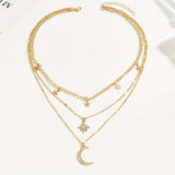 Star Moon Pendant Necklace with Diamonds Multi Layer Stacked Necklace