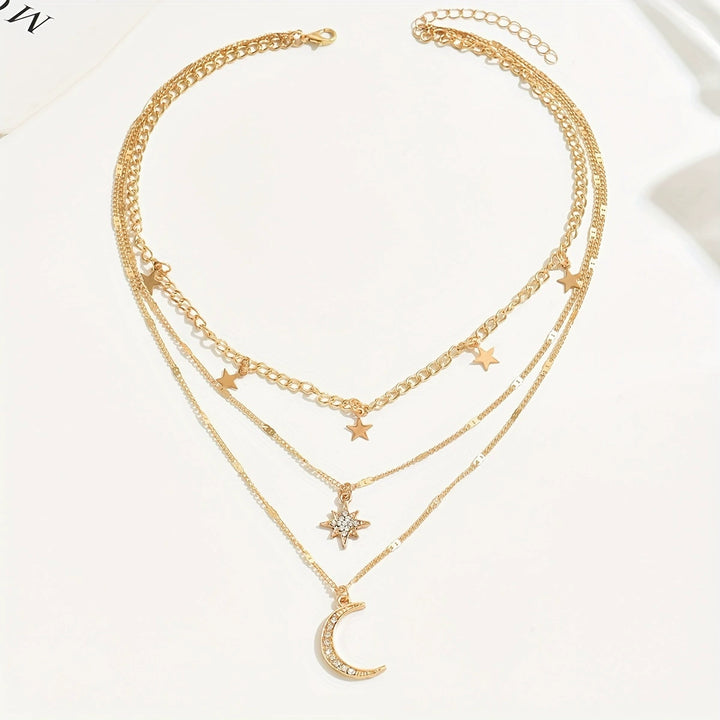 Star Moon Pendant Necklace with Diamonds Multi Layer Stacked Necklace