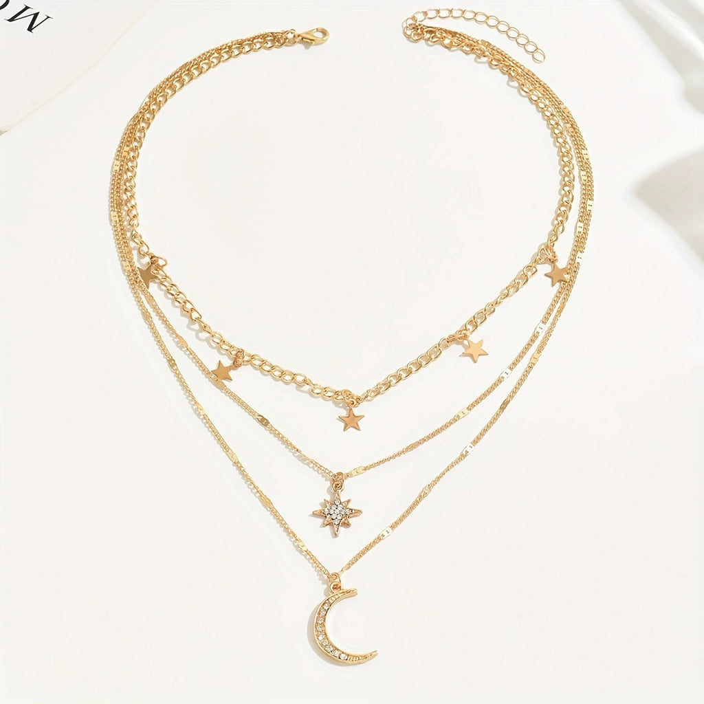 Star Moon Pendant Necklace with Diamonds Multi Layer Stacked Necklace