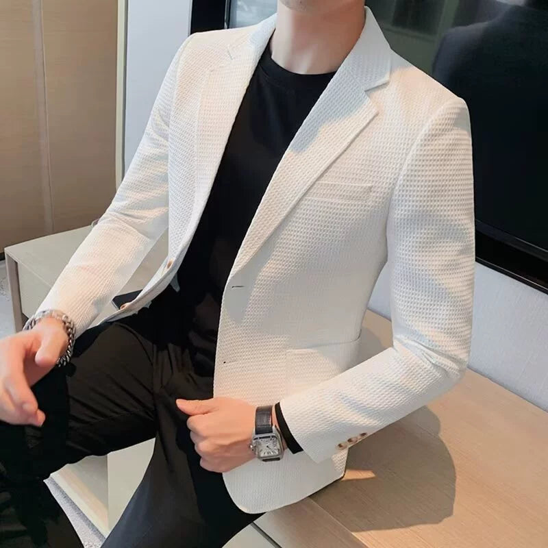 White Waffle Suit Men Coat Slim Business Casual Suit Single Coat