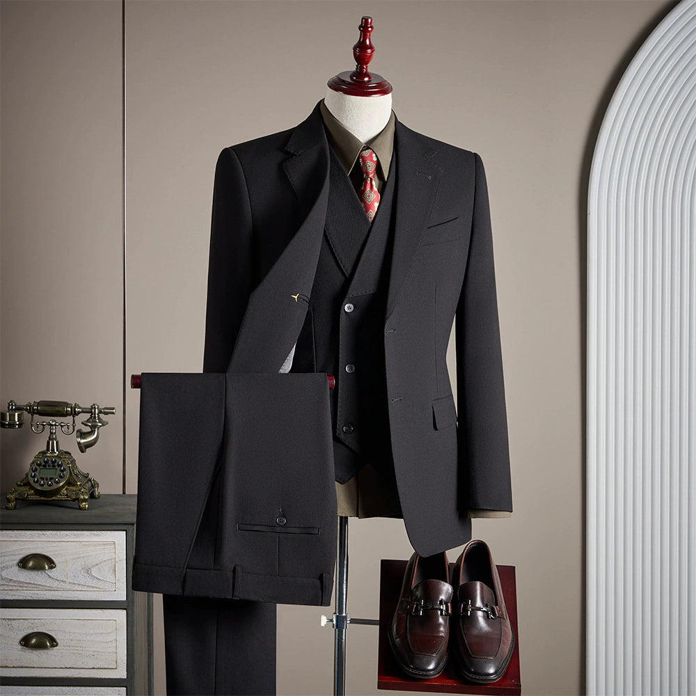 Black Tencel-wool Blend Fine Twill FabricCasual Men's 3 Pieces Business Mens Suit CN562
