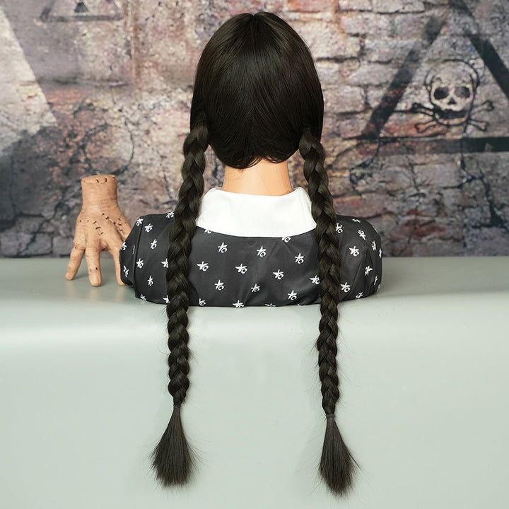 Wednesday Addams Wig Braided Black Wigs With Bangs for Halloween Party Costume Natural Hair for Cosplay