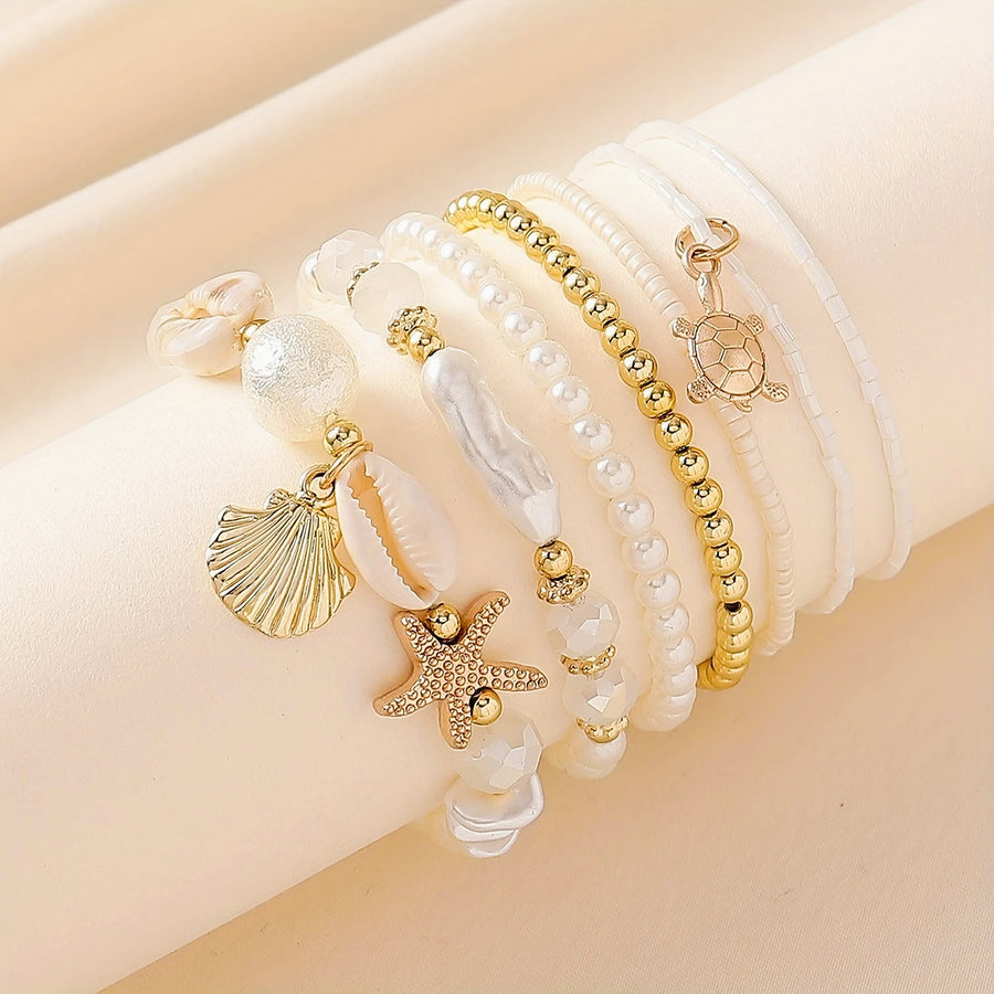 New Beach Shell & Starfish Bracelet – Bohemian Ocean Wave Style with Pearls