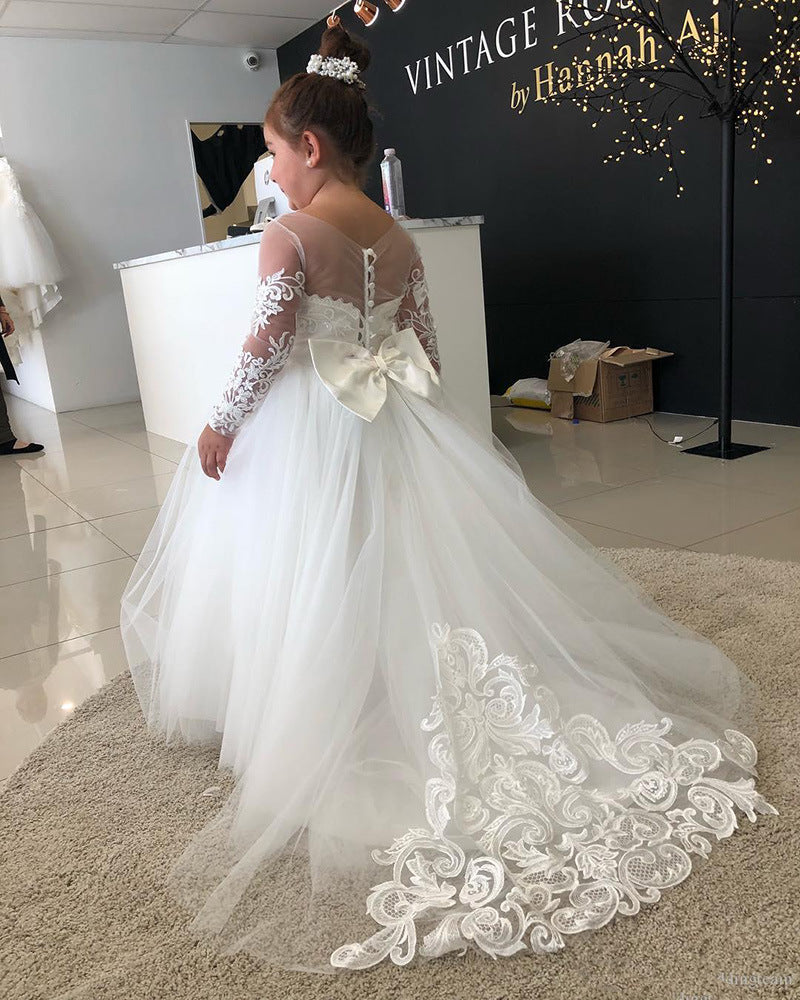 Newest White Gown Flower Girl Dresses For Weddings Jewel Backless Short Sleeve Sash Beading First Communion Dress Kids Birthday Gowns