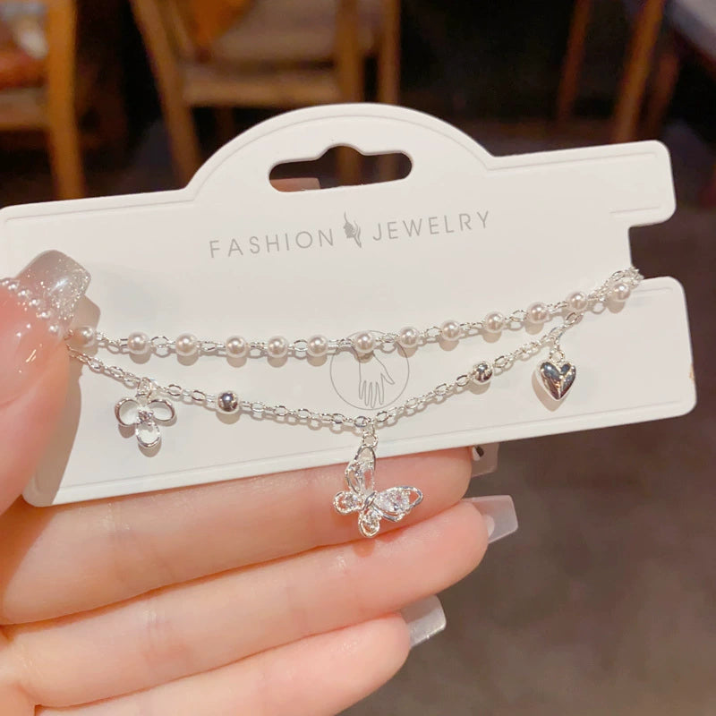 Sweet Silver Metal Butterfly Double-layer Bracelet