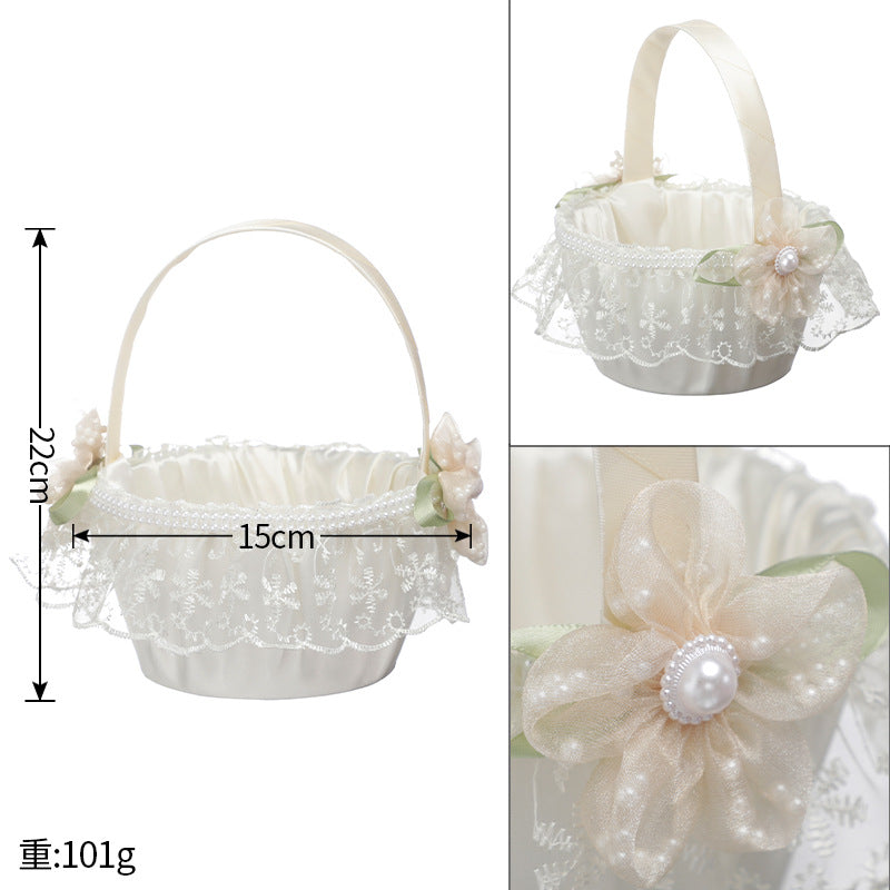 Wedding Flower Basket Flower Girl Bridesmaid Sprinkle Flower Basket White Bow Decoration, HL-5782