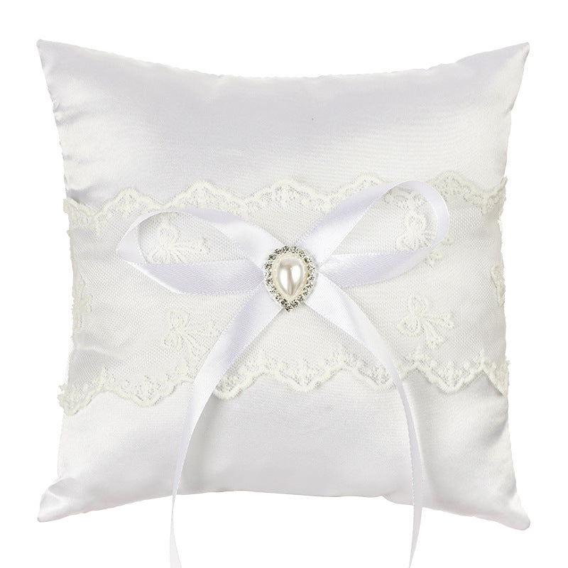 White Wedding Ring Pillow Set Bow Knot Lace Decoration, JZH-5978
