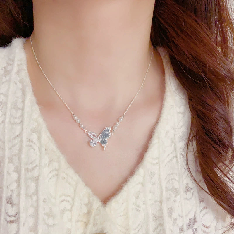 Blue Crystal Butterfly Pearl Necklace Collarbone Chain