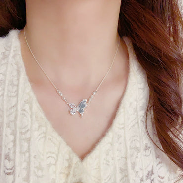Blue Crystal Butterfly Pearl Necklace Collarbone Chain