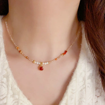 Pearl Zircon Square Diamond Pendant Necklace Chain