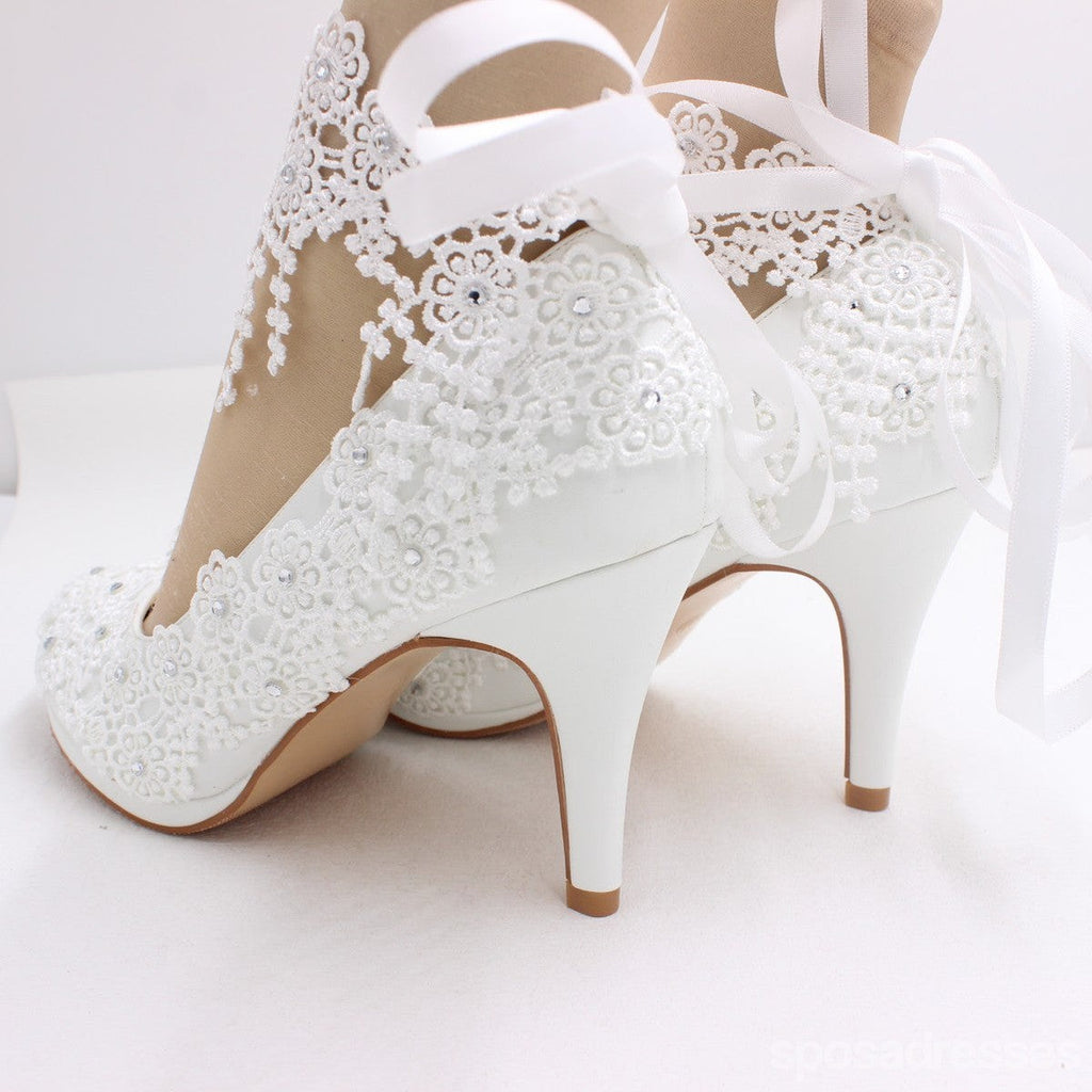 Women's Wedding Shoes Decorative White Lace Wedding Heels Bridal Shoes, H84