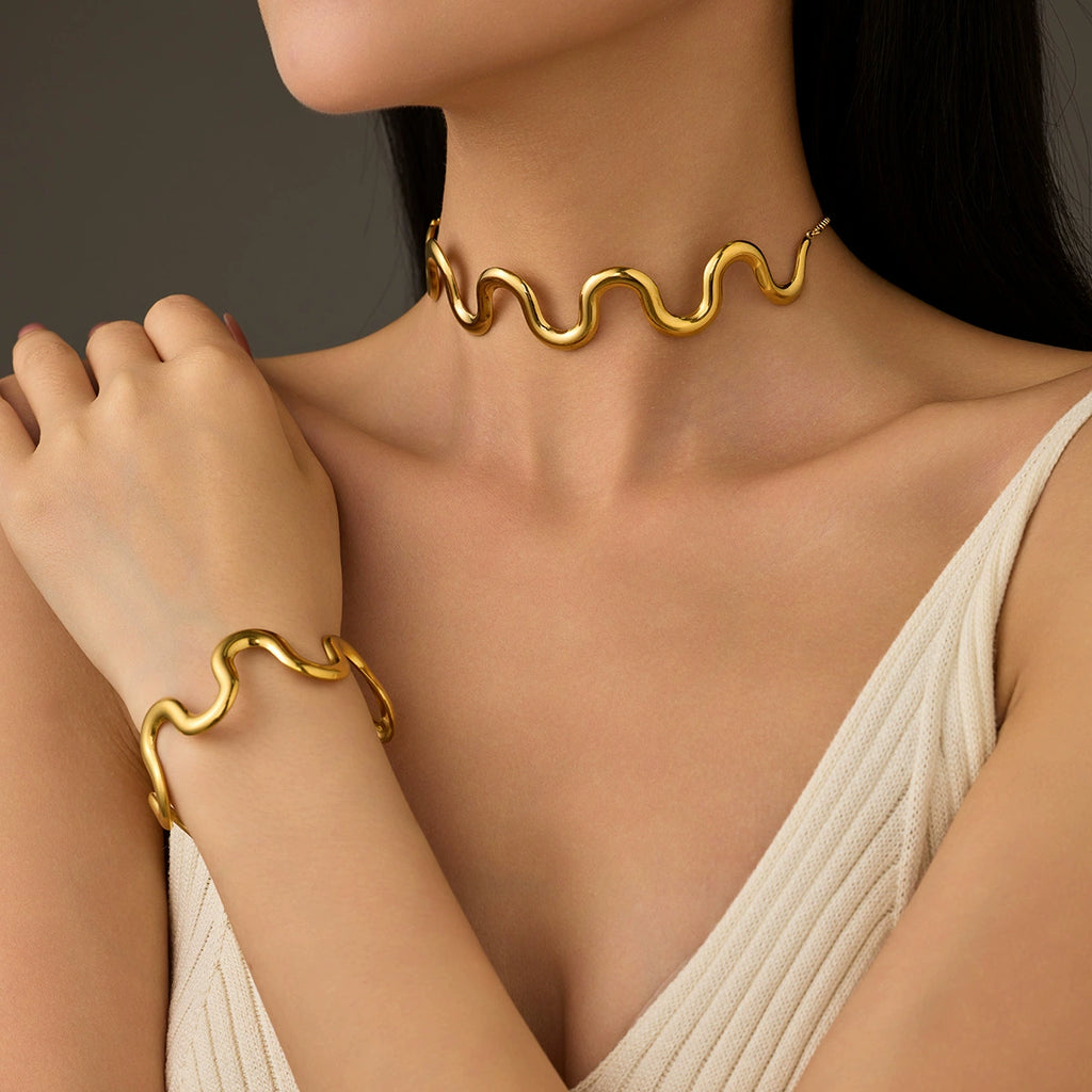 New Wave Gold Silver Necklace Bracelet Jewelry Chain Set