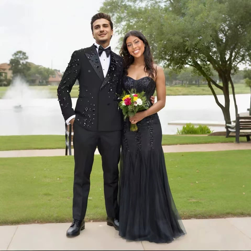 Sparkly Black men's plus-size collar suit 2 piece Double Row Sequins Suit